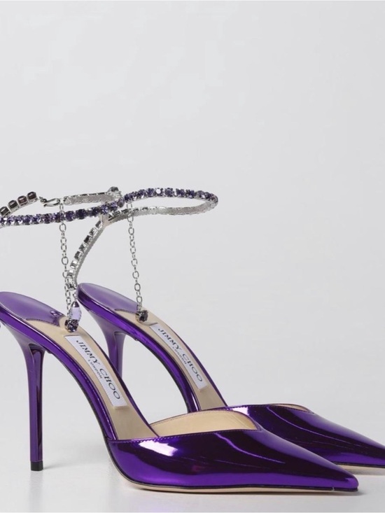 Jimmy Choo Shoes - Jimmy Choo Metallic Purple Pointed-Toe Stiletto Heels with Crystal Ankle Chain